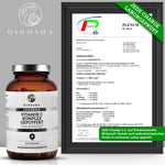 QIDOSHA Vitamin C Komplex gepuffert mit Bioflavonoiden, 240 vegane Kapseln in braunem Glas, laborgeprüft, ohne Zusatzstoffe, magenschonend, hergestellt in Deutschland. Framed Laborzertifikat rechts.