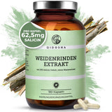 Weidenrinden-Extrakt in braunem Glas, 180 vegane Kapseln, 25 % Salicingehalt, laborgeprüfte Qualität, ohne Füllstoffe, von QIDOSHA, nachhaltig verpackt.