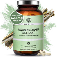 Weidenrinden-Extrakt in braunem Glas, 180 vegane Kapseln, 25 % Salicingehalt, laborgeprüfte Qualität, ohne Füllstoffe, von QIDOSHA, nachhaltig verpackt.