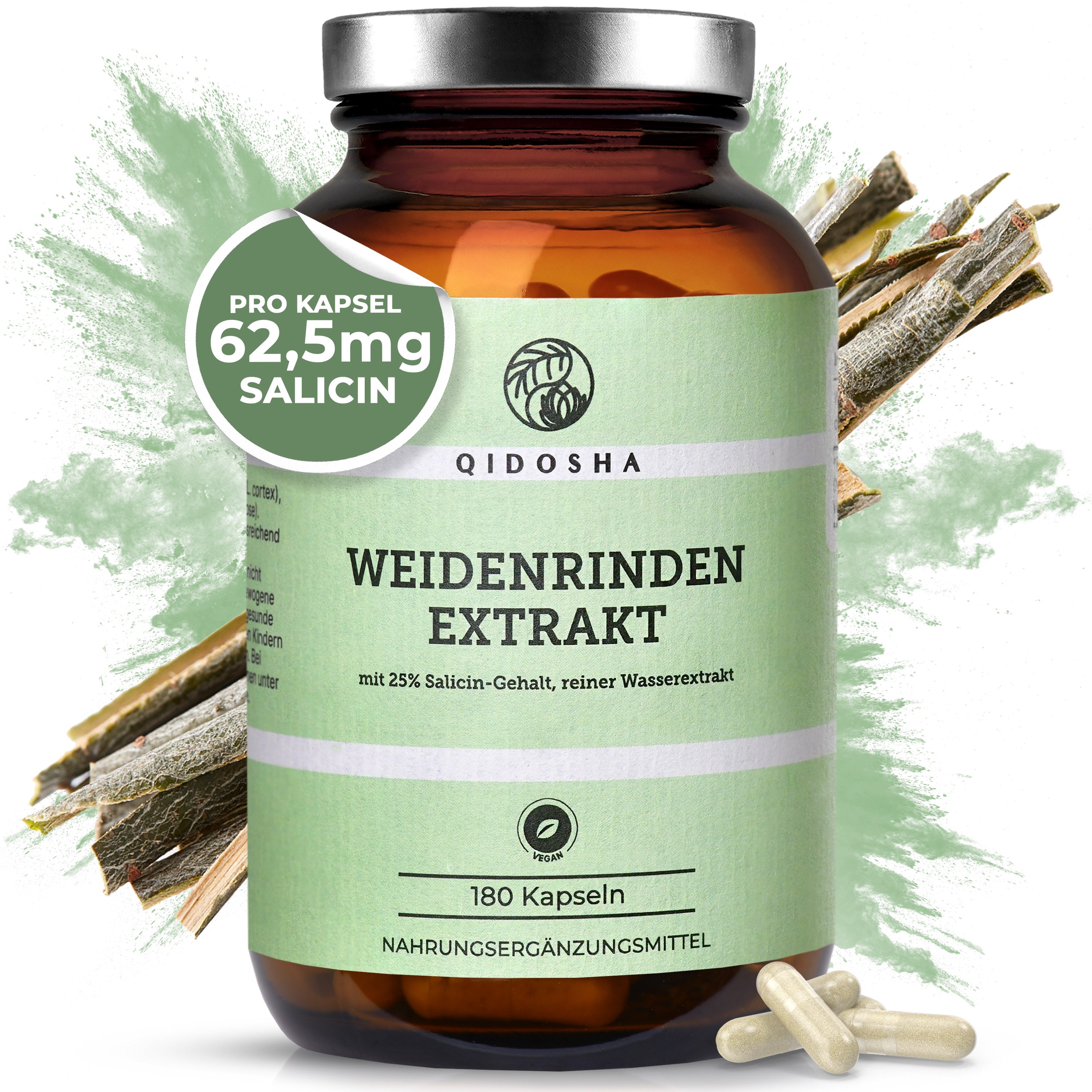 Weidenrinden-Extrakt in braunem Glas, 180 vegane Kapseln, 25 % Salicingehalt, laborgeprüfte Qualität, ohne Füllstoffe, von QIDOSHA, nachhaltig verpackt.
