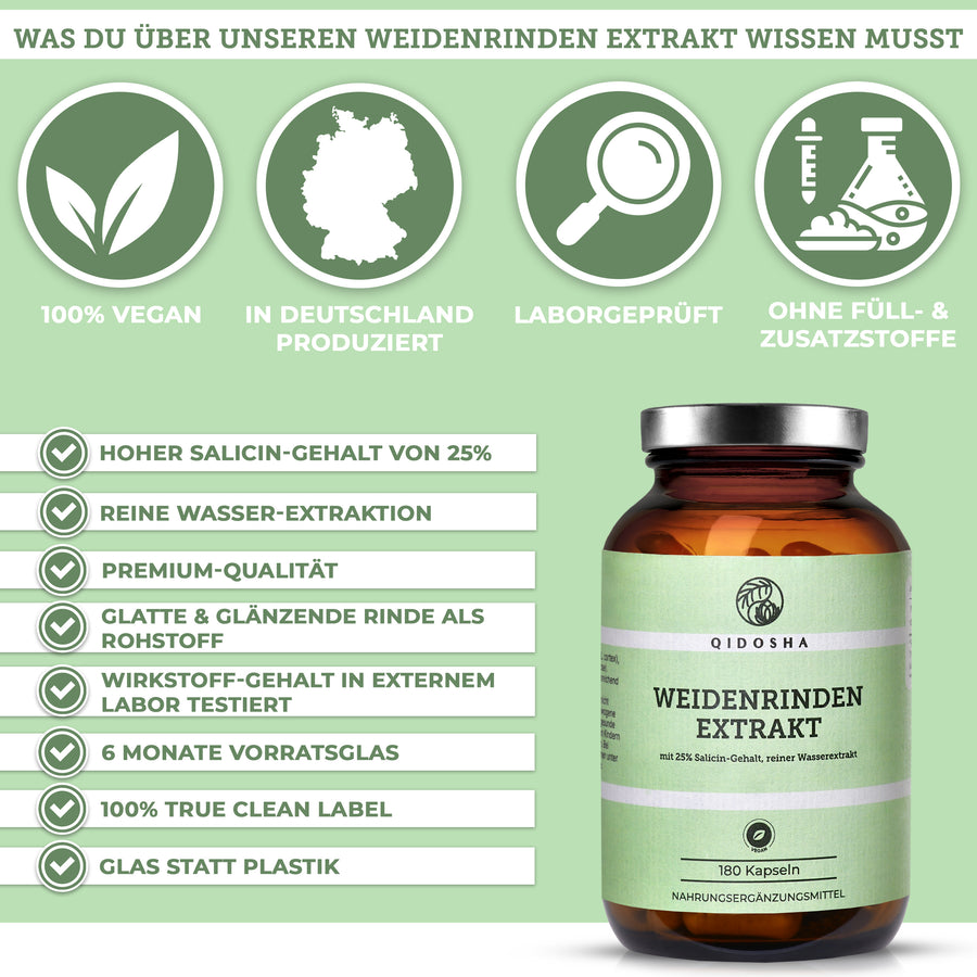 Weidenrinden-Extrakt von Qidosha: 100% veganer, laborgeprüfter Premium-Extrakt ohne Zusatzstoffe, hoher Salicin-Gehalt, reine Wasser-Extraktion, in nachhaltigem Glasbehälter, hergestellt in Deutschland.