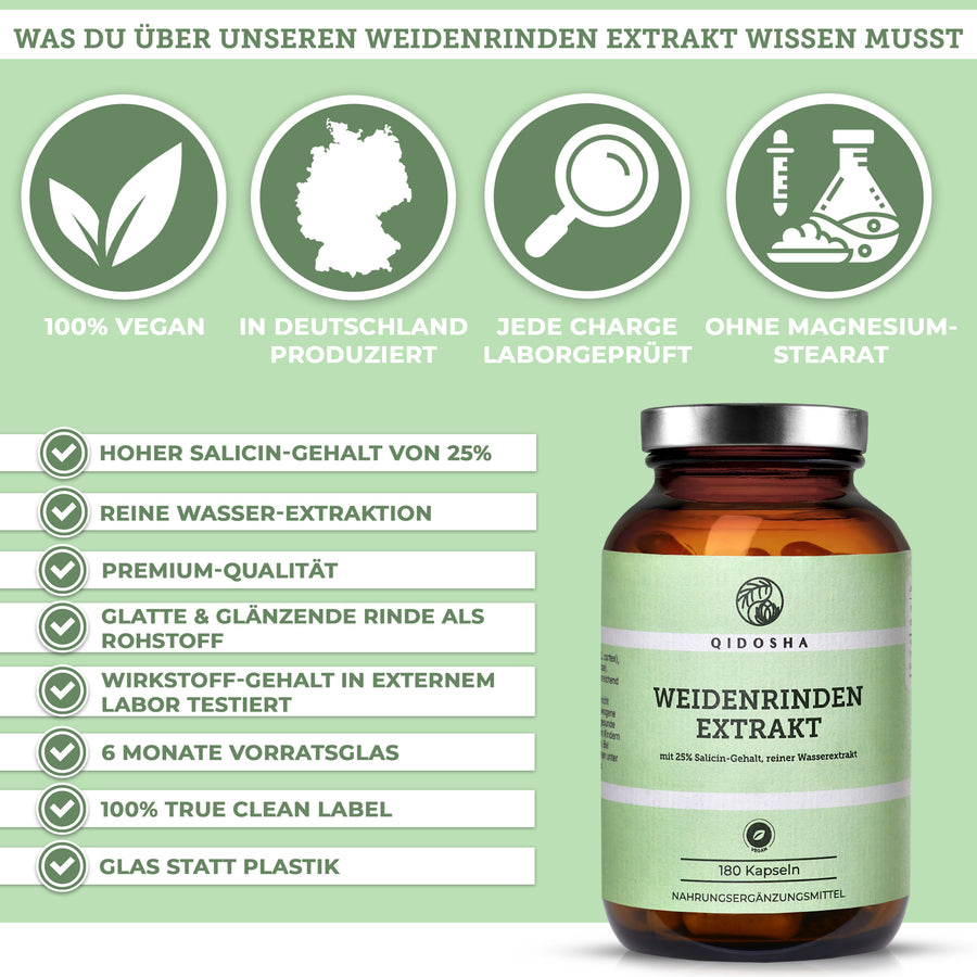 Weidenrinden-Extrakt mit 25% Salicin: Premium-Nahrungsergänzung von QIDOSHA, vegan, laborgeprüft, ohne Magnesiumstearat, in Deutschland hergestellt. Hochwertige Wasserextraktion, nachhaltige Glasverpackung.
