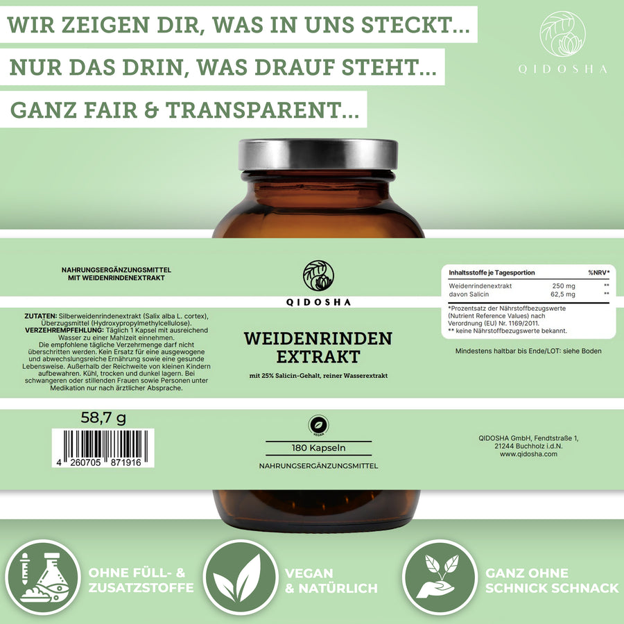 Weidenrinden-Extrakt in Premium-Qualität von Qidosha, 180 vegane Kapseln, hoher Salicin-Gehalt, reiner Wasserextrakt, ohne Füll- oder Zusatzstoffe, nachhaltig in Glasflasche.
