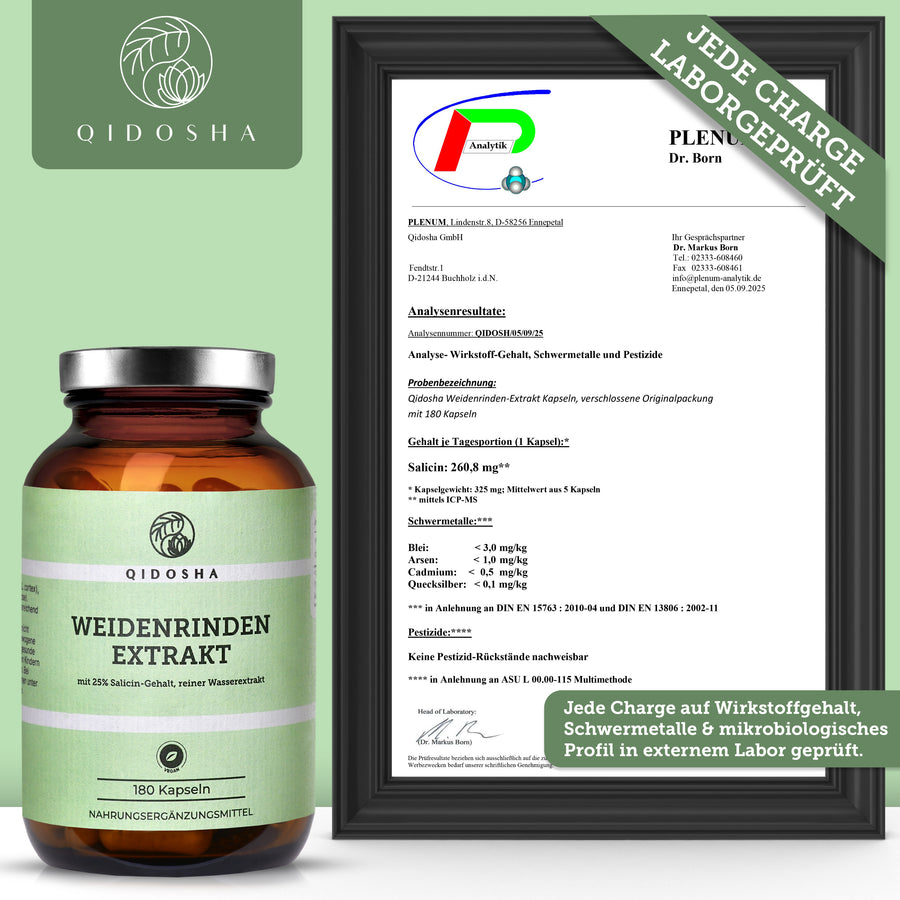 Weidenrinden-Extrakt: Premium, laborgeprüft, enthält 180 vegane Kapseln mit 25% Salicin, nachhaltige Glasverpackung, ohne Füllstoffe, hergestellt in Deutschland.
