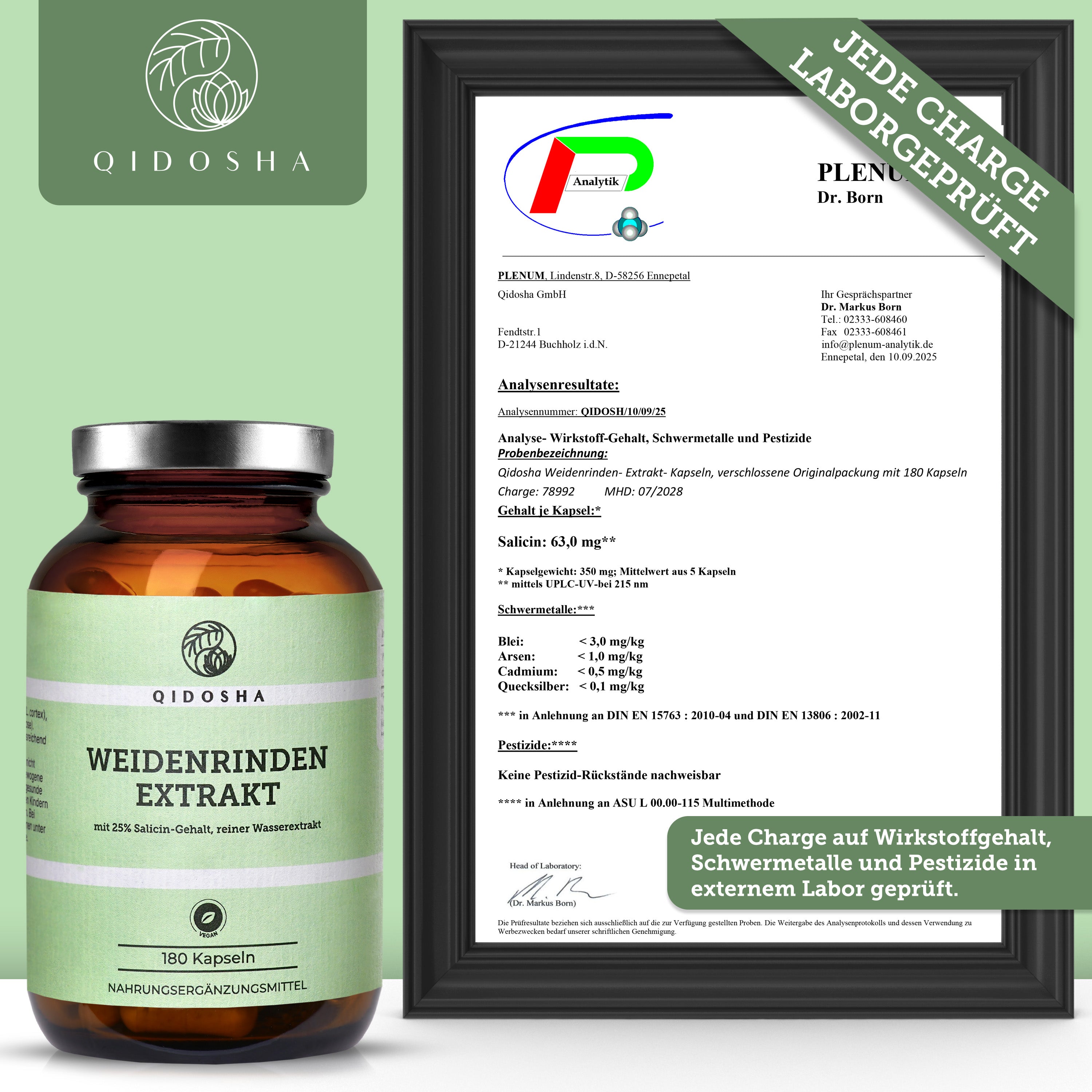 Weidenrinden-Extrakt mit 25% Salicin: Premium-Nahrungsergänzungsmittel, vegan und laborgeprüft, ohne Füllstoffe, in nachhaltigem Glasbehälter, mit hohem Salicingehalt, hergestellt in Deutschland.