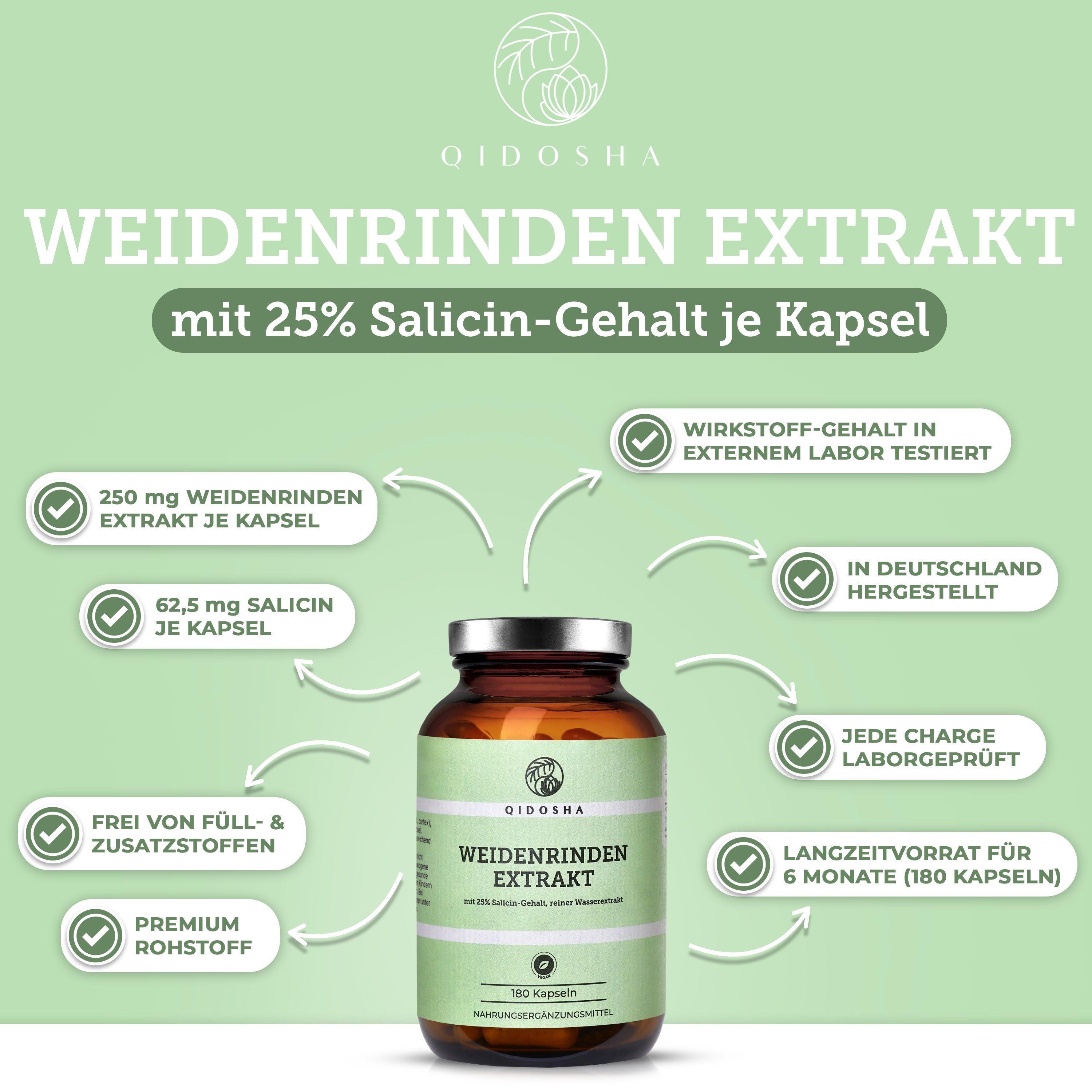 Weidenrinden-Extrakt Kapseln: 250 mg je Kapsel, 25% Salicin, Premium-Qualität, laborgeprüft, ohne Füllstoffe, in nachhaltigem Glas, hergestellt in Deutschland.