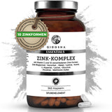 Braunes Glas mit QIDOSHA Zink-Komplex plus Vitamin C, 365 vegane Kapseln. Enthält 10 Zinkformen, Vitamin C, nachhaltig in Deutschland hergestellt, laborgeprüfte Premium-Qualität.