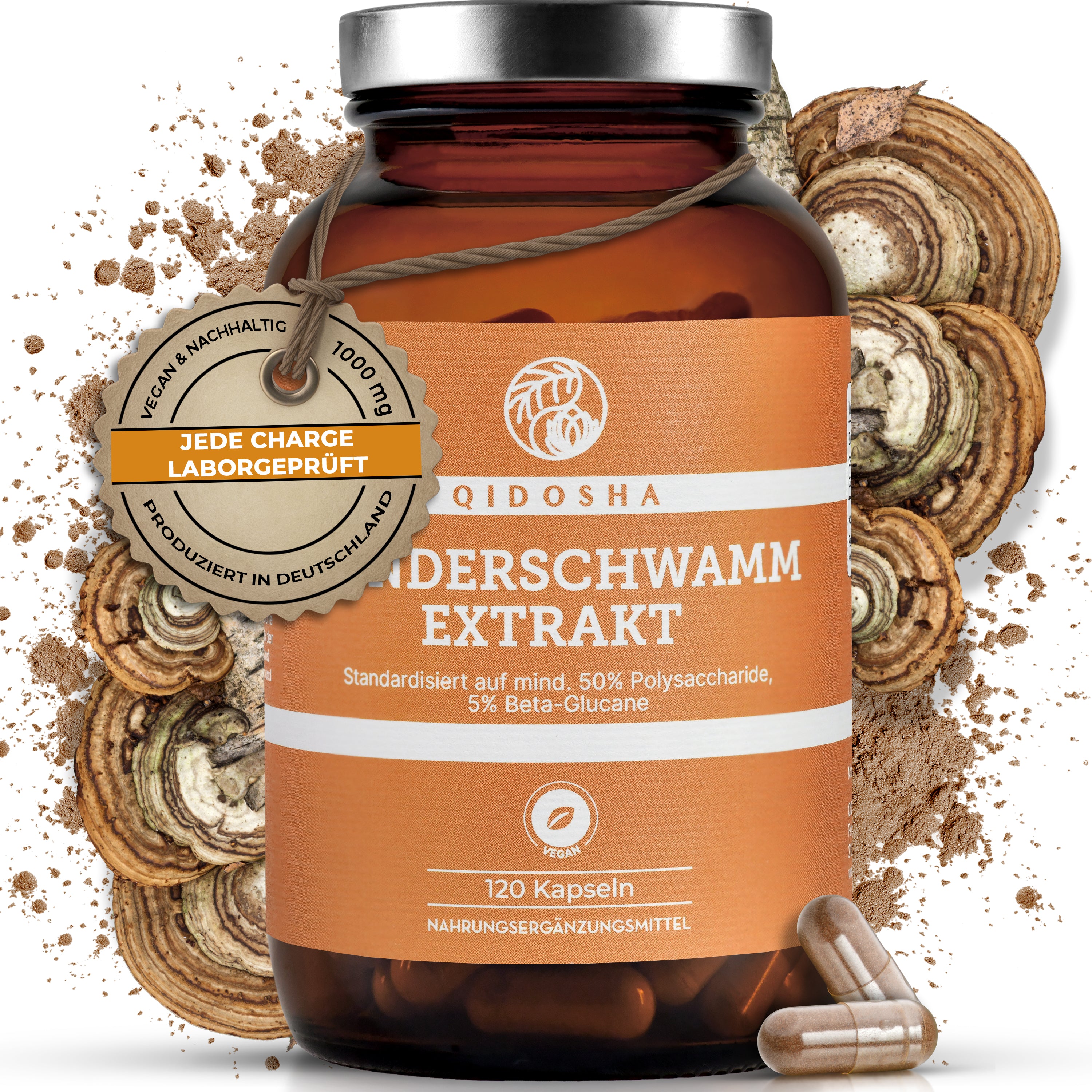 Zunderschwamm Extrakt im Glas: Premium, laborgeprüft, vegan. Enthält ≥50 % Polysaccharide, 5 % Beta-Glucane. Hochwertige Kapseln, ohne Füllstoffe, aus Deutschland.
