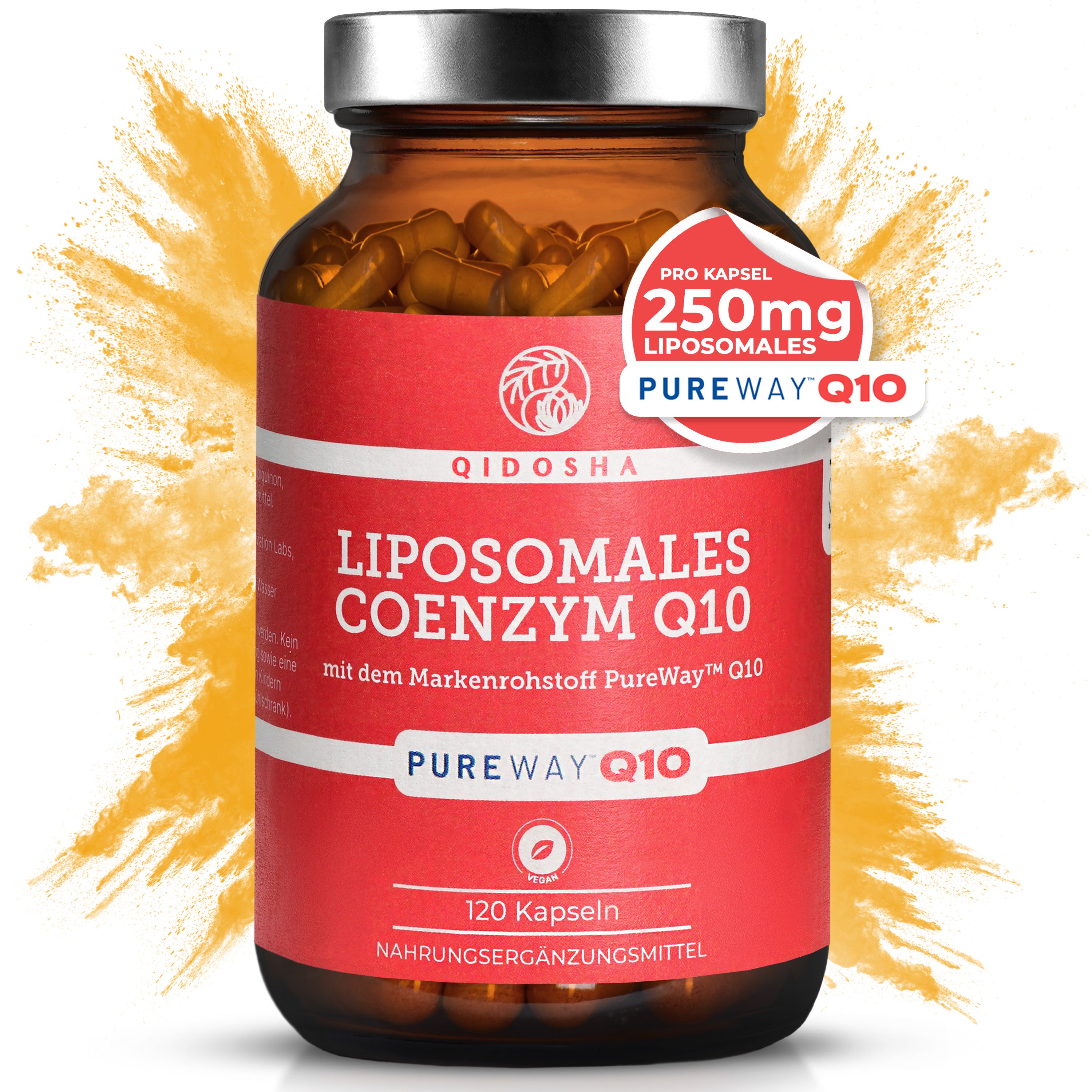 QIDOSHA's Premium-Produkt: Coenzym Q10 liposomal mit PureWay™ Q10, 120 vegane Kapseln, hohe Bioverfügbarkeit, laborgeprüfte Qualität, ohne Zusatzstoffe, in nachhaltigem Braunglas.