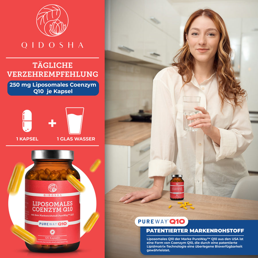 QIDOSHA Coenzym Q10 liposomal mit PureWay™ Q10, Premium-Nahrungsergänzung, 250 mg pro Kapsel, hohe Bioverfügbarkeit, laborgeprüft, 120 Kapseln in nachhaltigem Glas.