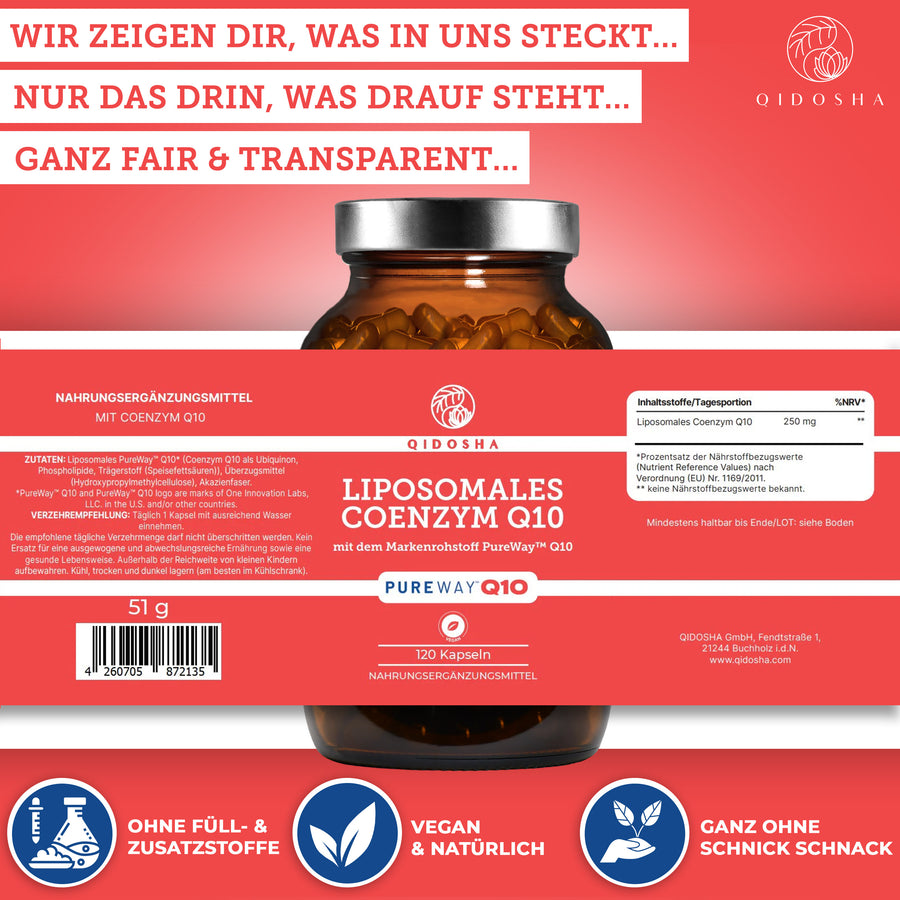 Coenzym Q10 liposomal mit PureWay™ Q10: Premium-Nahrungsergänzungsmittel, 120 vegane Kapseln, hohe Bioverfügbarkeit, laborgeprüft, ohne Füll- oder Zusatzstoffe, nachhaltige Glasverpackung.
