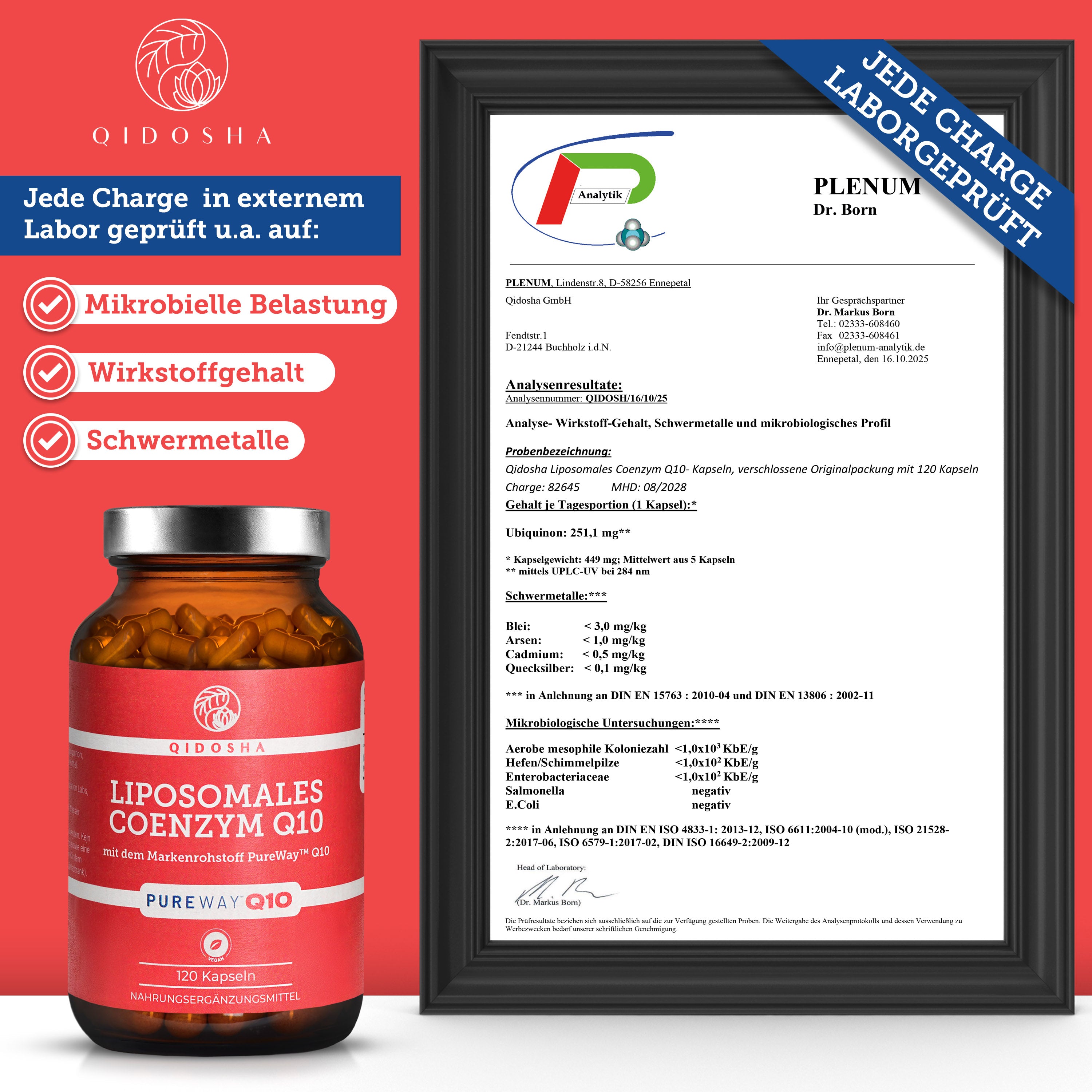 Qidosha Liposomales Coenzym Q10: Premium-Qualität, laborgeprüft auf Reinheit und Sicherheit, ohne Füllstoffe, in nachhaltigem Glas, mit hoher Bioverfügbarkeit durch PureWay™ Q10-Technologie.