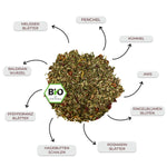 Bio Kräutertee und Grüntee - Probierpaket Sunrise to Sunset: Premium-Teemischung mit organischen Zutaten, darunter Melissen-Blätter und Baldrian-Wurzel, zertifiziert mit BIO-Siegel für höchste Qualität.