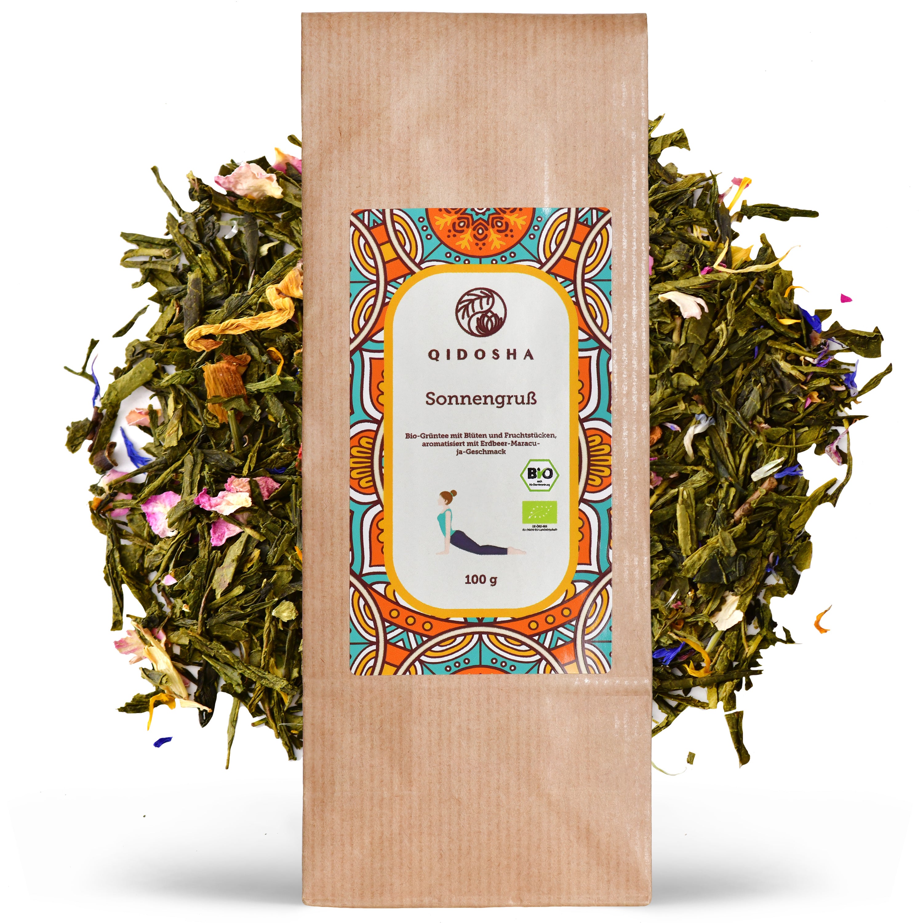 Bio Kräutertee und Grüntee - Probierpaket Sunrise to Sunset: 100 g kraft-Papierbeutel Sonnengruß Bio-Grüntee mit Blüten, Fruchtstücken, Erdbeer-Maracuja-Aroma, Premium, ohne Füllstoffe.