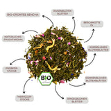 Bio Kräutertee und Grüntee - Probierpaket Sunrise to Sunset: Premium Bio-Sencha mit Erdbeer-Maracuja-Aroma, Rosen-, Kornblumen- und Sonnenblumenblüten, Bergamotteöl, hohe Qualität, true clean label.