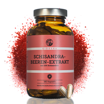 QIDOSHA Schisandra Extrakt mit 10% Schisandrin, 180 vegane Kapseln in Premium-Qualität, laborgeprüfte Reinheit, ohne Füll- oder Zusatzstoffe, in lichtgeschütztem Braunglas.