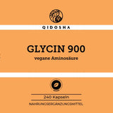 QIDOSHA Glycin 900 vegane Aminosäure: 240 Kapseln aus L-Glycin, laborgeprüfte Premium-Qualität, ohne Füllstoffe, in lichtgeschütztem Braunglas. Empfohlen täglich 2 Kapseln. Hergestellt in Deutschland.