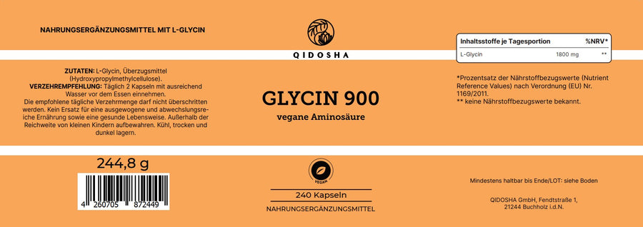 QIDOSHA Glycin 900 vegane Aminosäure: 240 Kapseln aus L-Glycin, laborgeprüfte Premium-Qualität, ohne Füllstoffe, in lichtgeschütztem Braunglas. Empfohlen täglich 2 Kapseln. Hergestellt in Deutschland.