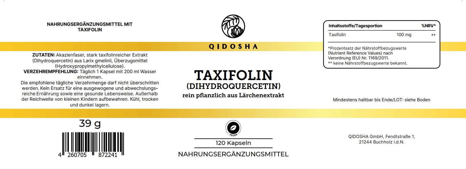 QIDOSHA Taxifolin (Dihydroquercetin) Premium-Kapseln, 120 vegan, ohne Zusatzstoffe, laborgeprüfte Qualität, hoher Wirkstoffgehalt aus Larix gmelinii, nachhaltige Glasverpackung.