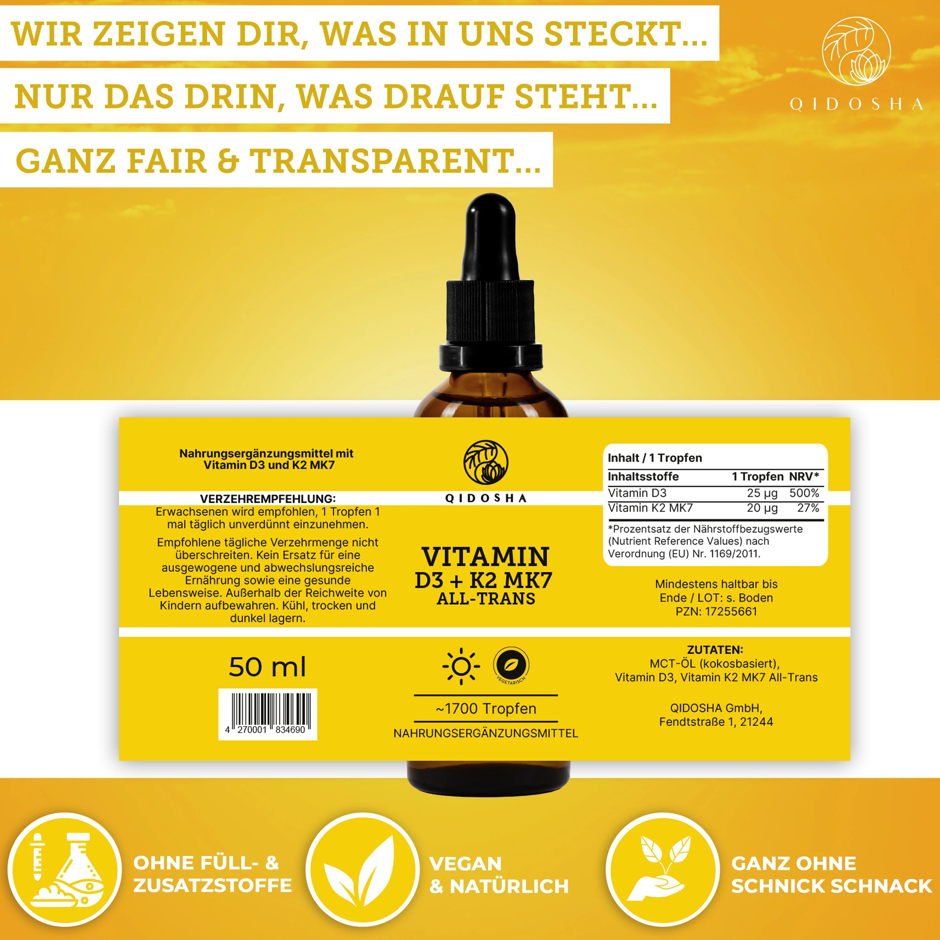 QIDOSHA Daily Essentials Plus Stack: Premium Nahrungsergänzung, Vitamin D3 und K2, 50 ml Tropfflasche, laborgeprüft, vegan, ohne Füllstoffe, für tägliche Basisversorgung.