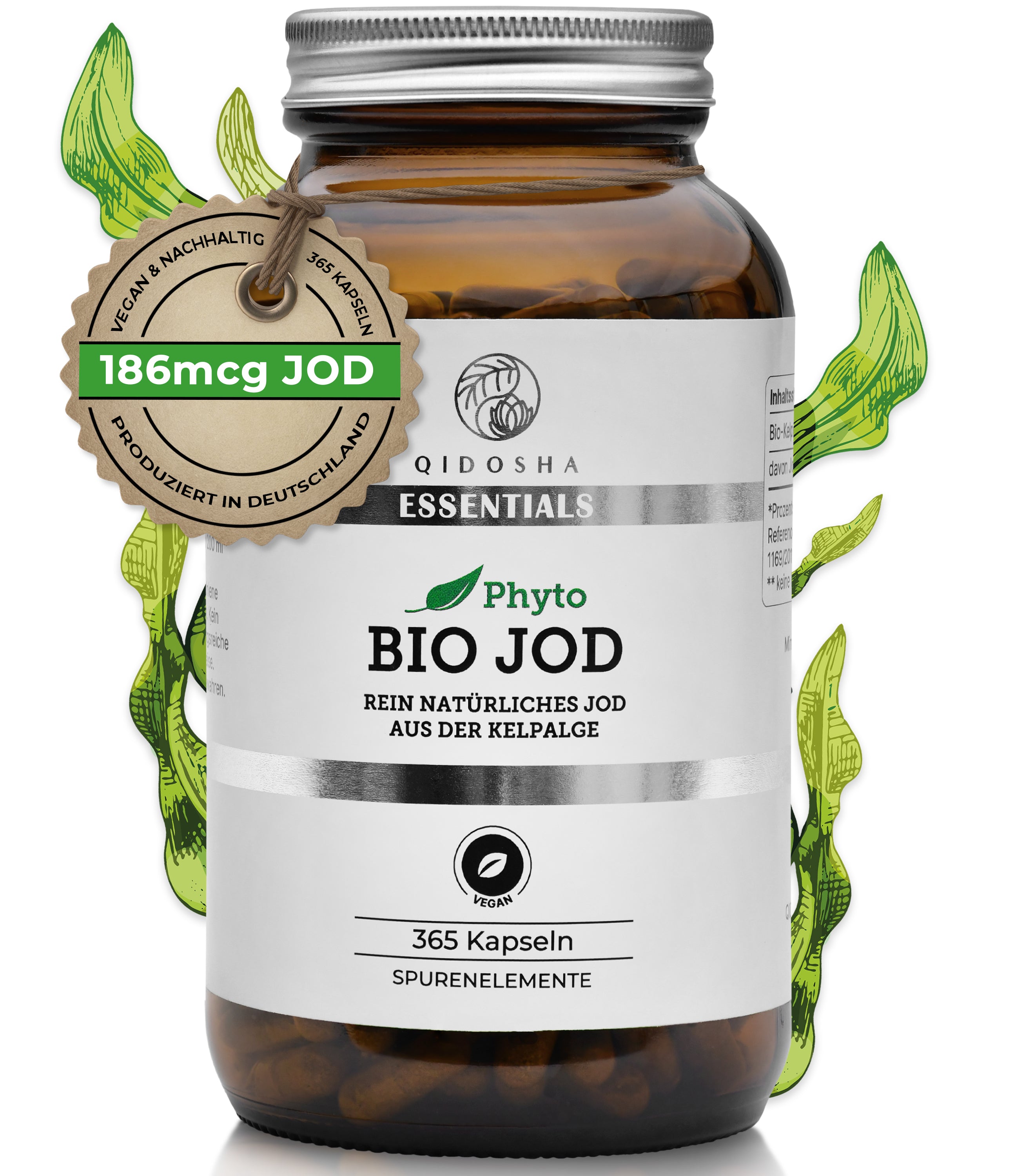 Bio Jod (pflanzlich) aus der Kelpalge im Glas von Qidosha Essentials: Premium, vegan, nachhaltig in Deutschland hergestellt, 365 Kapseln, hohe Qualität, laborgeprüfte Reinheit.