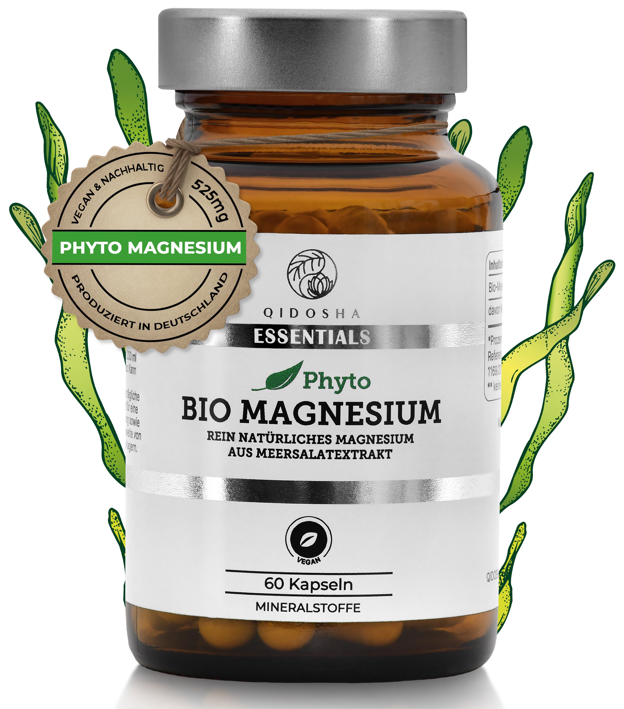 QIDOSHA ESSENTIALS Premium Magnesium, pflanzlich aus Bio-Meersalat-Extrakt, 60 vegane Kapseln. Hohe Qualität, laborgeprüft, ohne Füll- oder Zusatzstoffe, nachhaltig in Deutschland produziert.