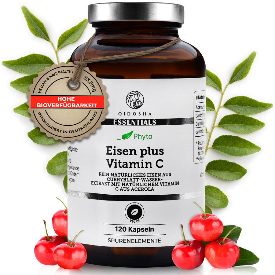 Eisen (pflanzlich) aus Curryblatt-Extrakt plus natürliches Vitamin C aus Acerola im Glas; 120 vegane Kapseln, hohe Bioverfügbarkeit, laborgeprüfte Qualität, ohne Füll- oder Zusatzstoffe, in Deutschland produziert.