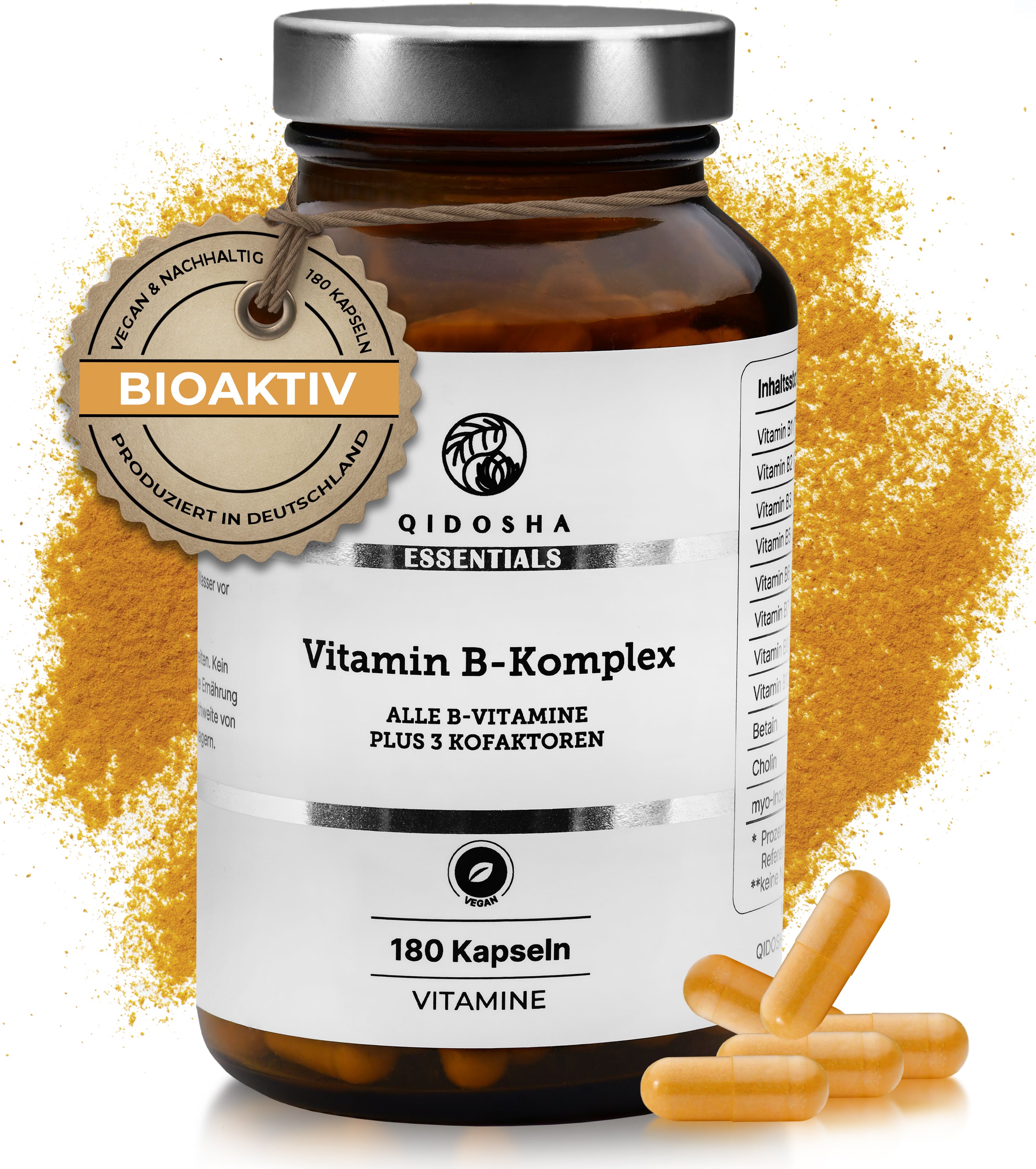 Vitamin B Komplex bioaktiv mit Kofaktoren im Glas, 180 vegane Kapseln. Premium, laborgeprüft, ohne Zusatzstoffe, produziert in Deutschland von QIDOSHA Essentials.