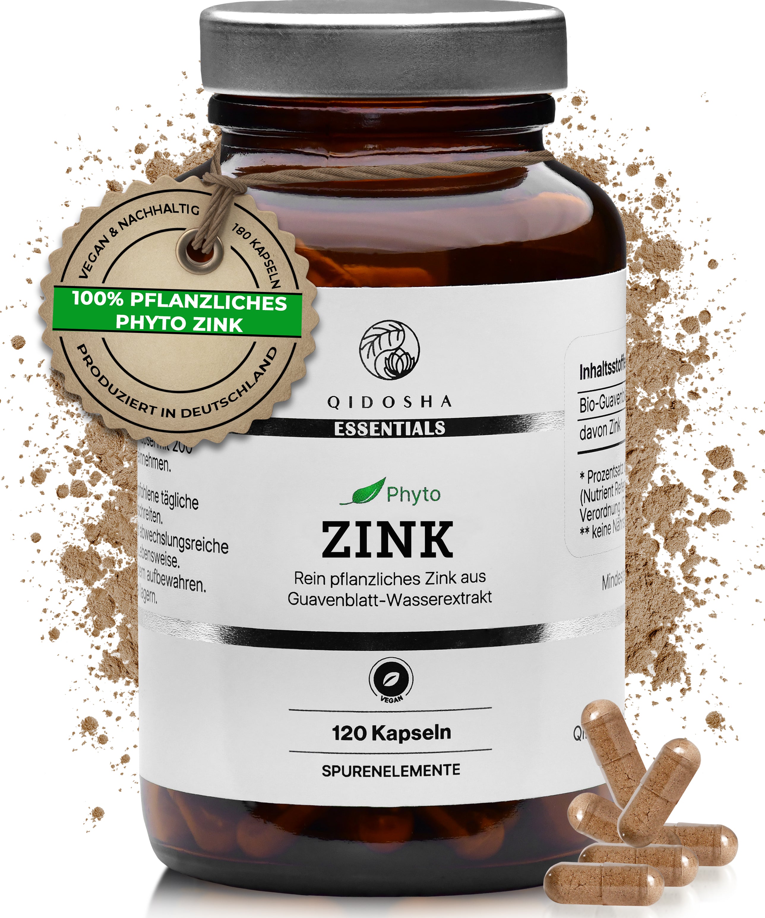 Zink aus Guavenblatt-Extrakt im Glas: Premium, 100% pflanzliches Phyto-Zink, 120 laborgeprüfte vegane Kapseln, ohne Zusatzstoffe, produziert in Deutschland.