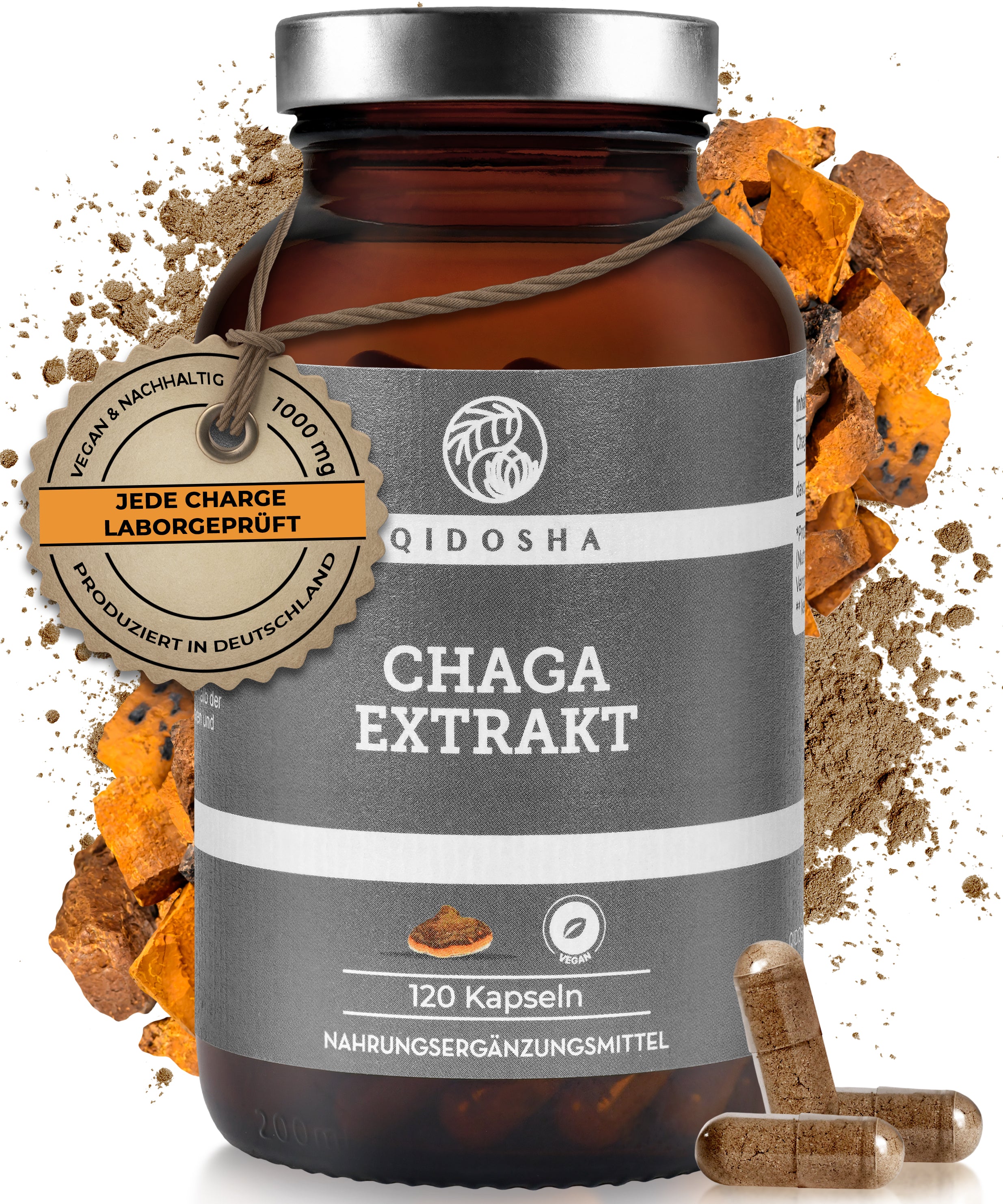 Chaga Extrakt im Glas: Premium, laborgeprüfte Qualität. Vegane, nachhaltige Chaga-Pilz-Kapseln von QIDOSHA, ohne Zusatzstoffe, hergestellt in Deutschland. Enthält 120 Kapseln à 500 mg.