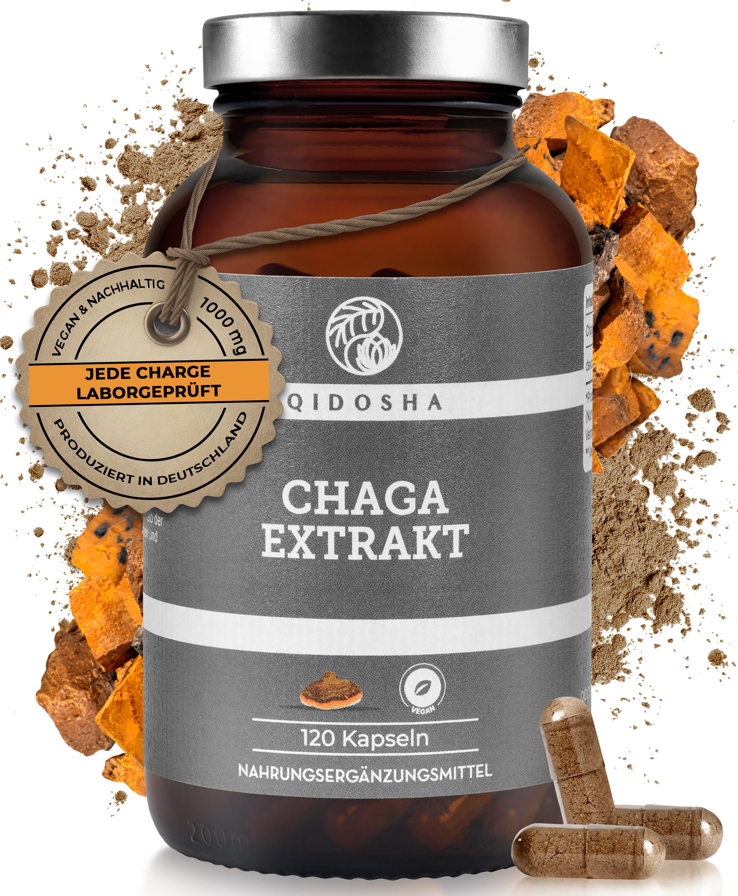 Chaga Extrakt im Glas: Premium, laborgeprüfte Qualität. Vegane, nachhaltige Chaga-Pilz-Kapseln von QIDOSHA, ohne Zusatzstoffe, hergestellt in Deutschland. Enthält 120 Kapseln à 500 mg.
