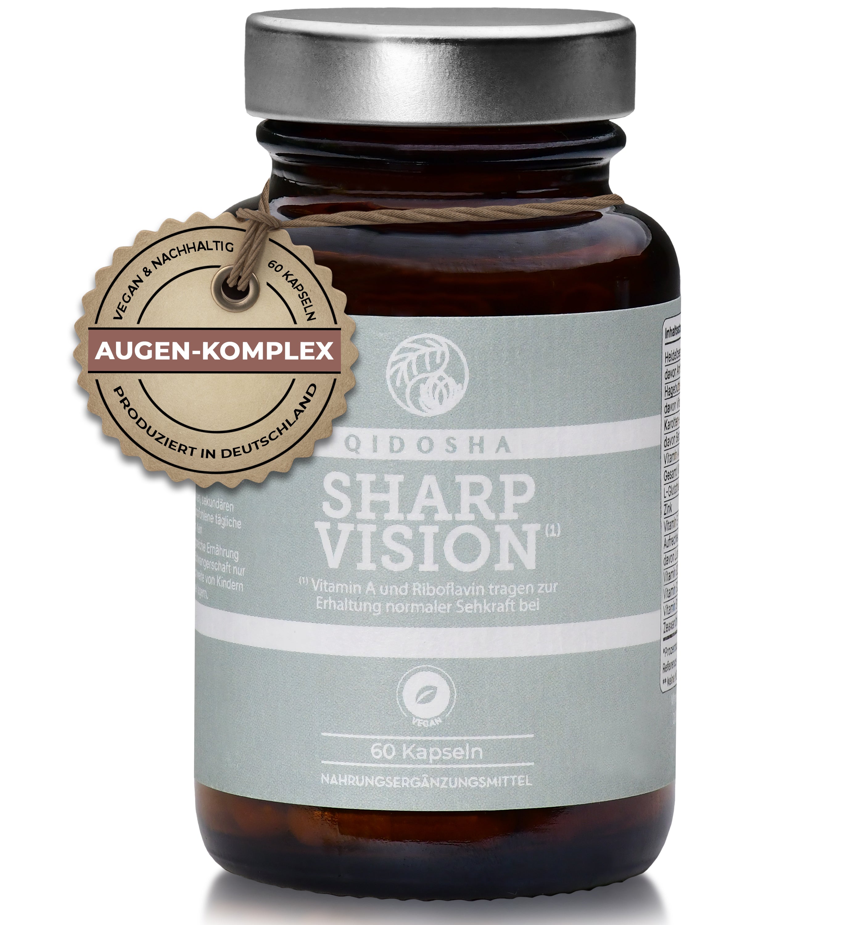 QIDOSHA SHARP VISION Augen-Komplex im Glas: Premium-Vegan-Kapseln mit essenziellen Vitaminen zur Unterstützung normaler Sehkraft. Hergestellt in Deutschland, ohne Füllstoffe, laborgeprüfte Qualität.