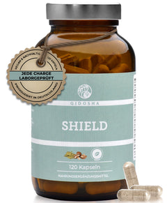 Braunes Glas mit 120 veganen QIDOSHA SHIELD-Kapseln. Premium Nahrungsergänzungsmittel, laborgeprüft, ohne Zusatzstoffe, mit ayurvedischen und TCM-Extrakten, produziert in Deutschland.