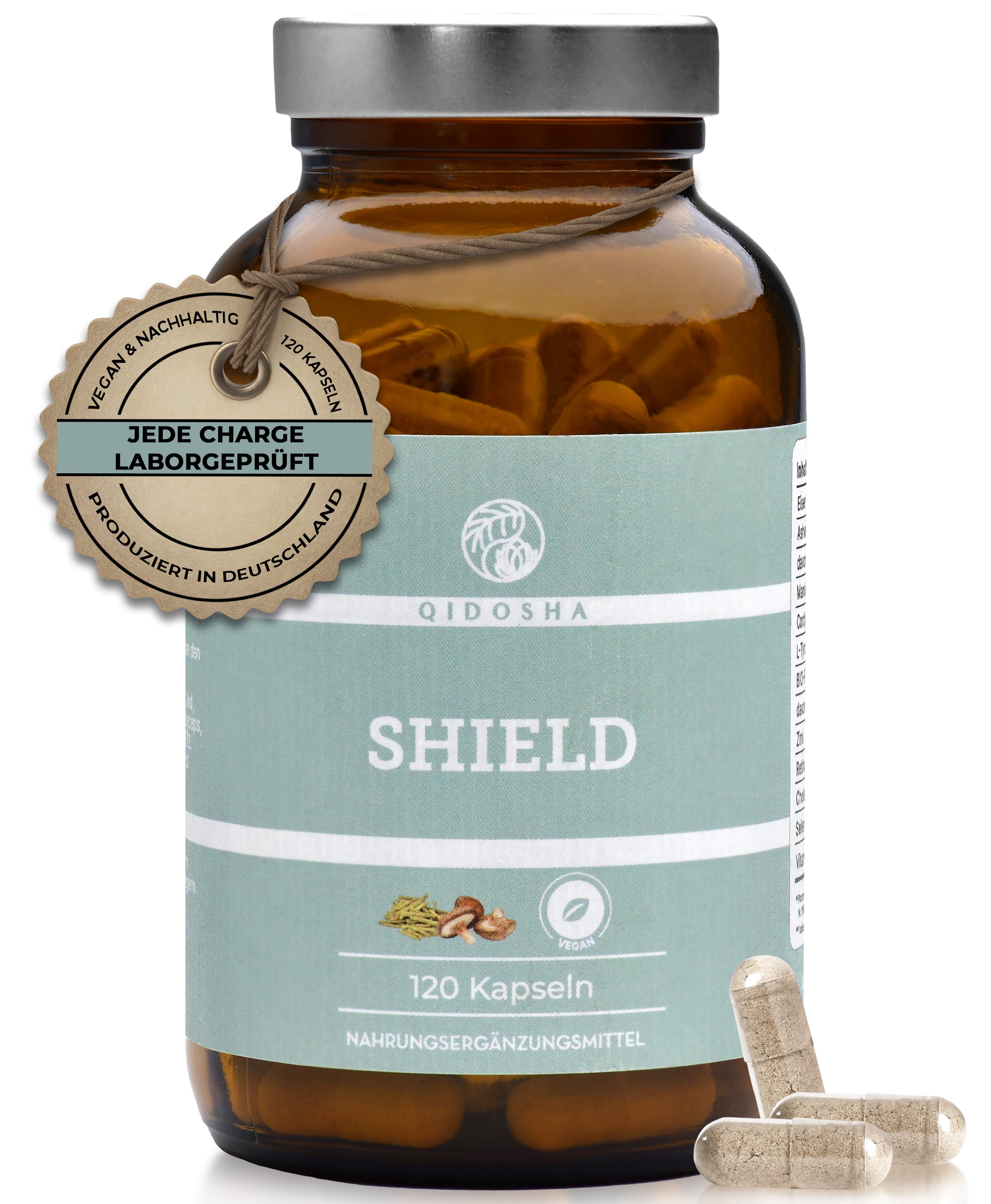 Braunes Glas mit 120 veganen QIDOSHA SHIELD-Kapseln. Premium Nahrungsergänzungsmittel, laborgeprüft, ohne Zusatzstoffe, mit ayurvedischen und TCM-Extrakten, produziert in Deutschland.