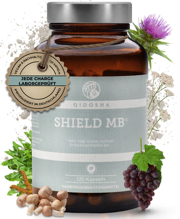 MB SHIELD Nahrungsergänzungsmittel in einem dunklen Glasgefäß, enthält 120 vegane Kapseln. Premium, laborgeprüfte Qualität, ohne Füllstoffe, mit pflanzlichen Extrakten und Selen.