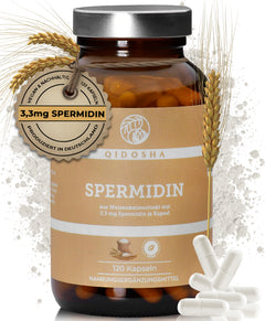 Spermidin aus Weizenkeim-Extrakt im Glas, 120 vegane Kapseln, 3,3 mg Spermidin pro Kapsel, hohe Premium-Qualität, nachhaltig, laborgeprüft, ohne Füllstoffe, produziert in Deutschland.