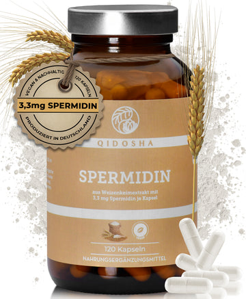 Spermidin aus Weizenkeim-Extrakt im Glas, 120 vegane Kapseln, 3,3 mg Spermidin pro Kapsel, hohe Premium-Qualität, nachhaltig, laborgeprüft, ohne Füllstoffe, produziert in Deutschland.