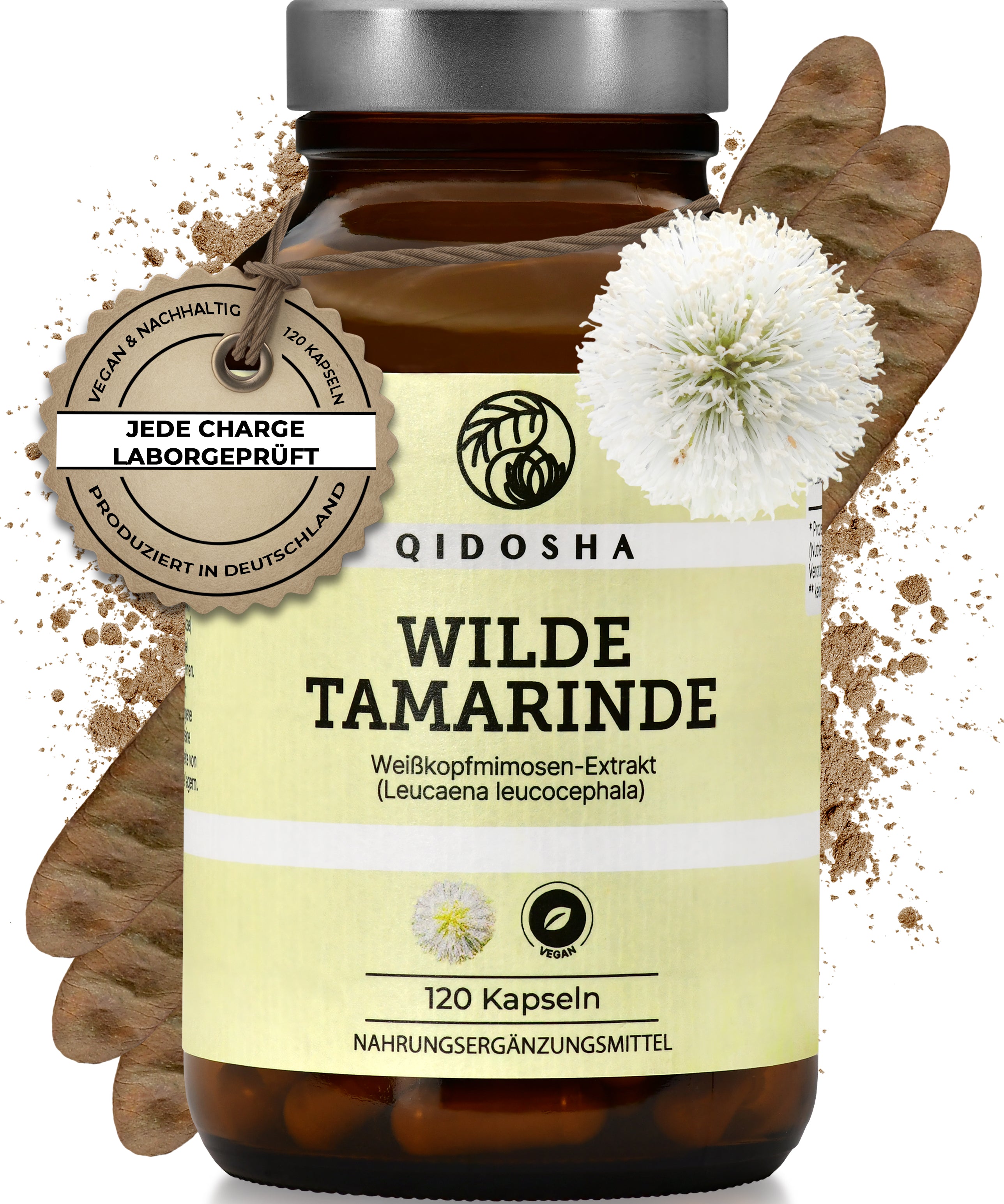 Wilde Tamarinde (Weißkopfmimosen-Extrakt) im Glas mit 120 veganen Kapseln, hochdosiert, laborgeprüfte Qualität, ohne Füllstoffe, produziert in Deutschland. Premium Nahrungsergänzungsmittel.