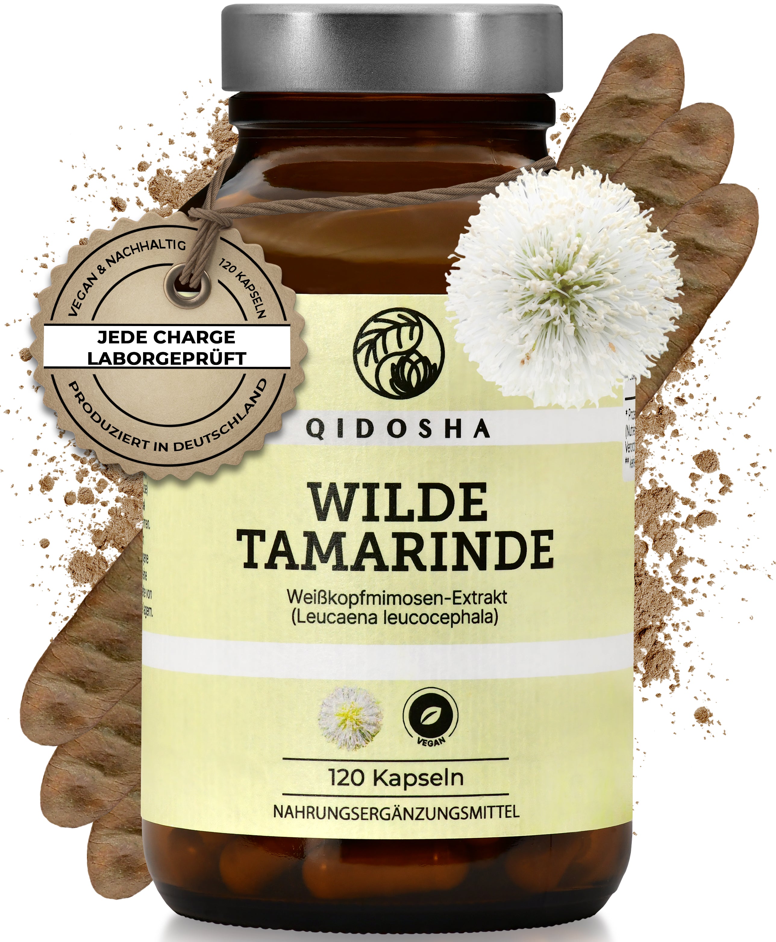 Wilde Tamarinde (Weißkopfmimosen-Extrakt) im Glas mit 120 veganen Kapseln, hochdosiert, laborgeprüfte Qualität, ohne Füllstoffe, produziert in Deutschland. Premium Nahrungsergänzungsmittel.